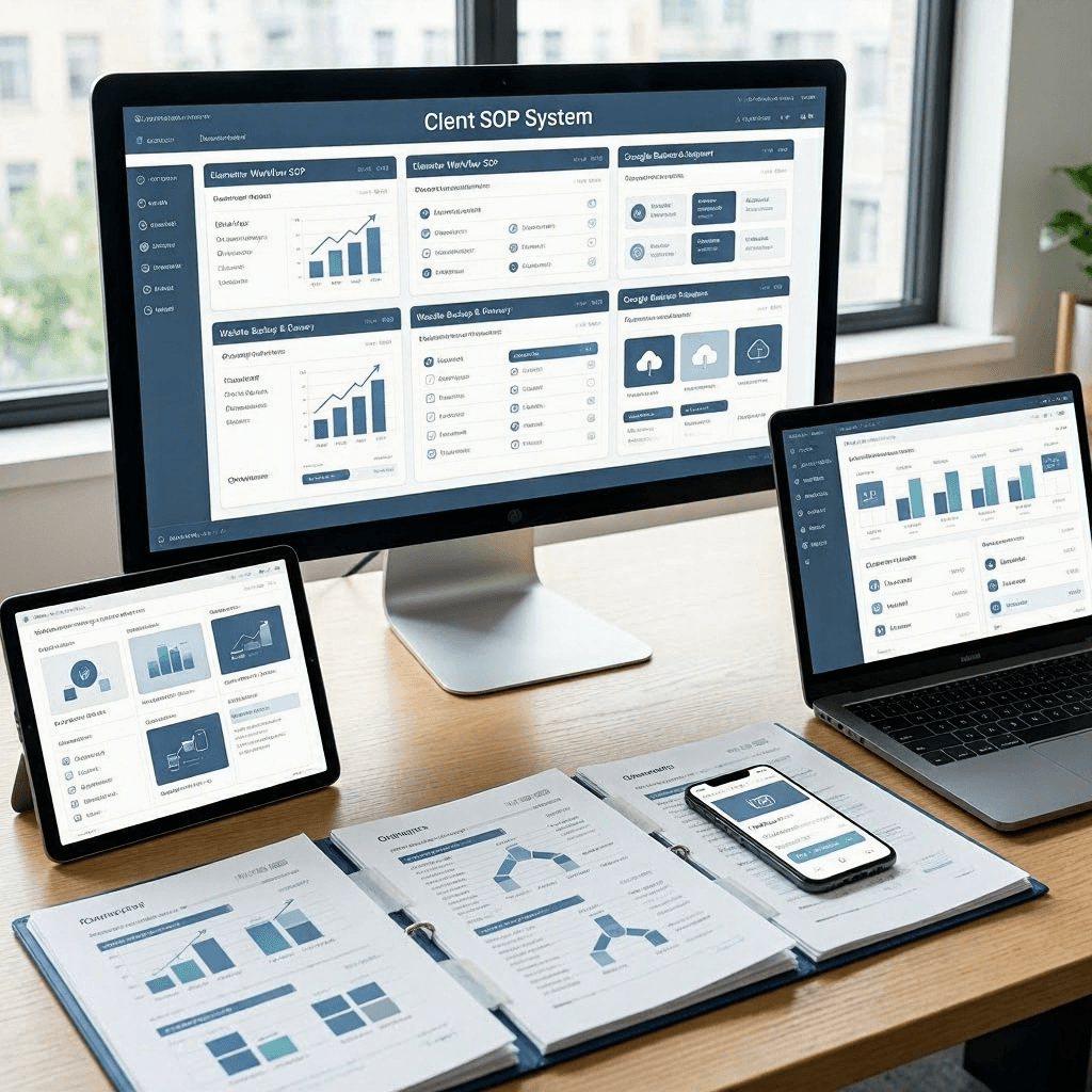 Example picture of client standards of operations manuals the recieve to end the web design process with Potere Growth, displaying on several devicves.