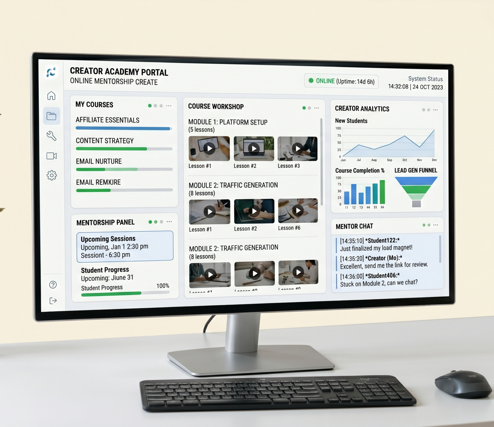 Course management dashboard mockup on a monitor