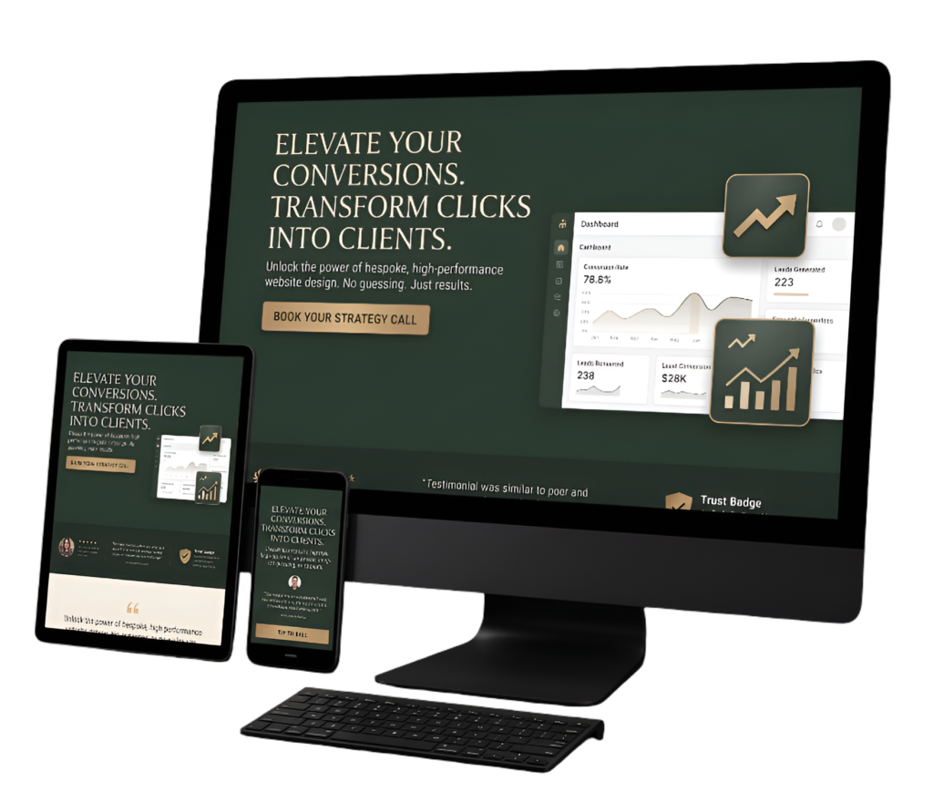 Tablet, monitor, and phone displaying how Potere Growth website mockup and it's value.