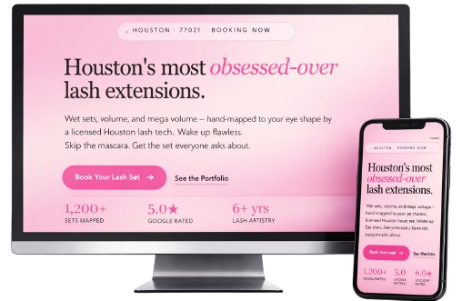 Monitor and phone showing hero section for Houston Lash Tech