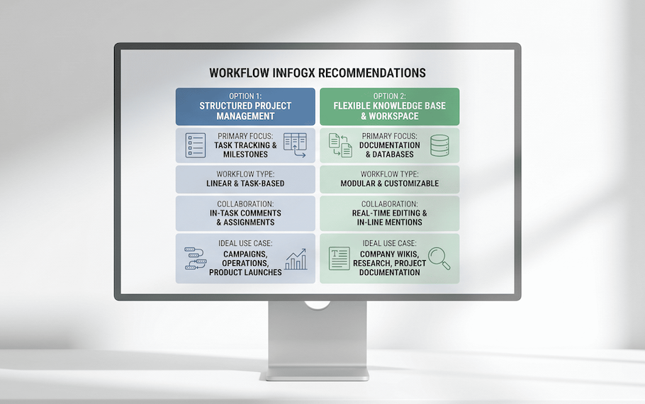 Different workflow comparison table in monitor display