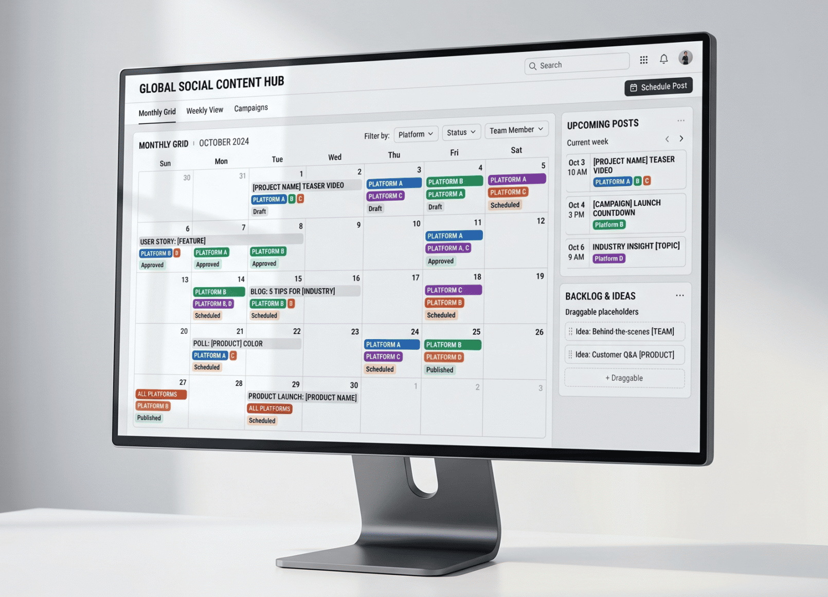 Social media content calendar in a monitor display