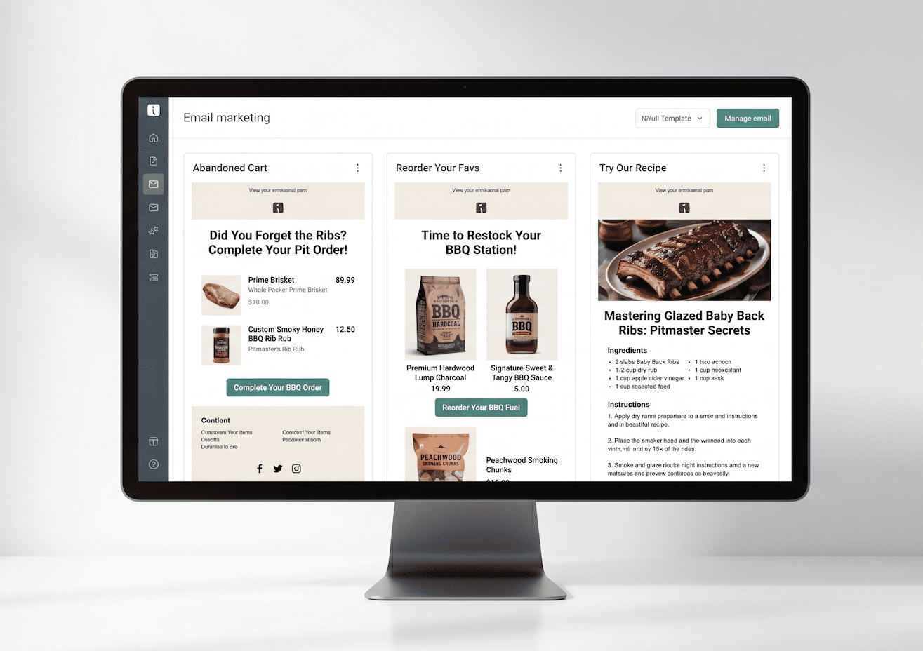 Sample email campaign concept displayed in monitor to show layout and strategy — not the company’s actual messaging.