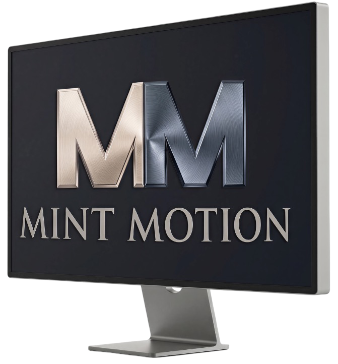 A desktop monitor diplaying the Mint Motion Logo