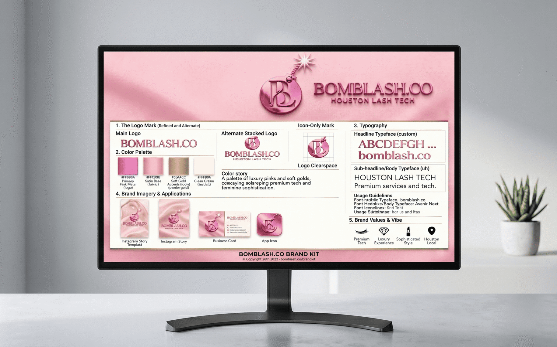 Bomblash.co brandkit displayed in a monitor